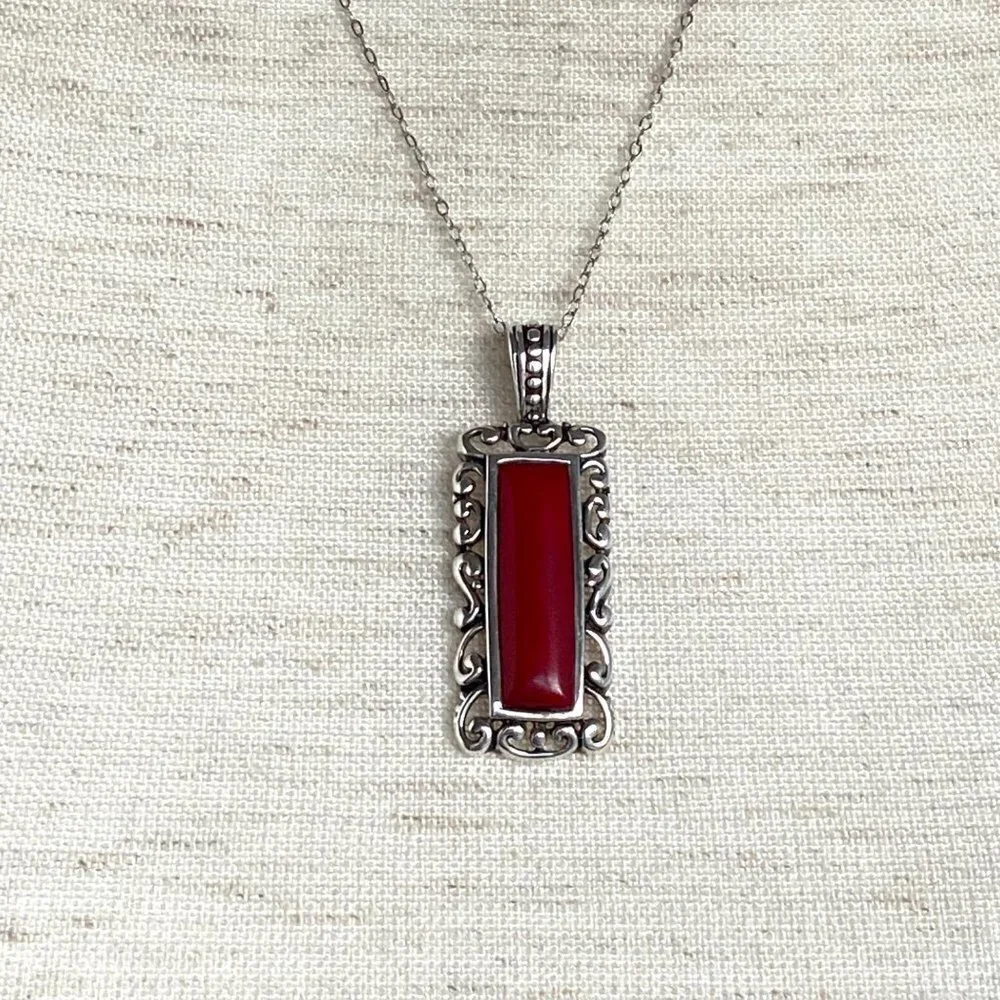 Sterling Silver 925 Faux Red Coral Rectangular Scrollwork Pendant Necklace 20